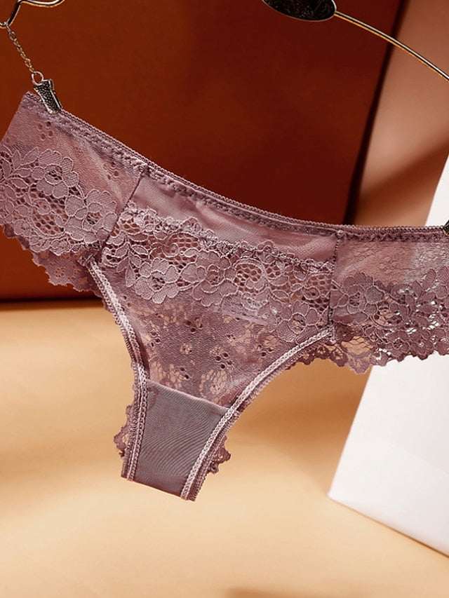 Womens Underwear Lace Hollow Out Hipster Panties Solid Color T Back Low Waist Ladies Briefs