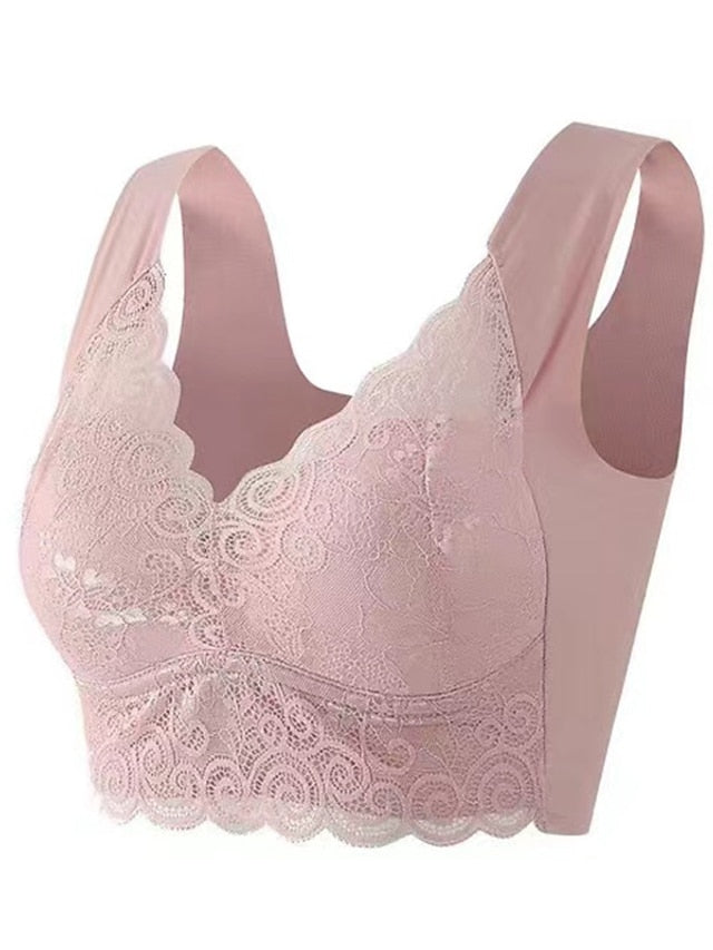 Women's Wireless Bras Padded Bras Full Coverage V Neck Breathable Push Up Lace Pure Color Pull-On Closure Date Casual Daily Nylon