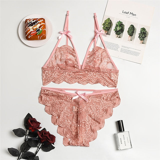 Women‘s Christmas Lingeries Gift Lace Bras Fixed Straps Sheer Bras Triangle Cup V Neck Breathable Lace Hook & Eye Date Casual Daily Sexy 1 set White Black , Bra & Panty Set