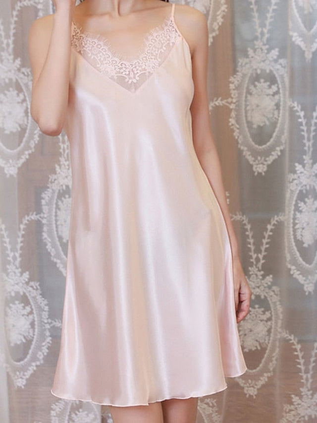 Women's Pajamas Nightgown Nighty Pjs Pure Color Simple Comfort Sweet Home Daily Bed Satin Breathable Gift V Wire Sleeveless Spring Summer Green Blue