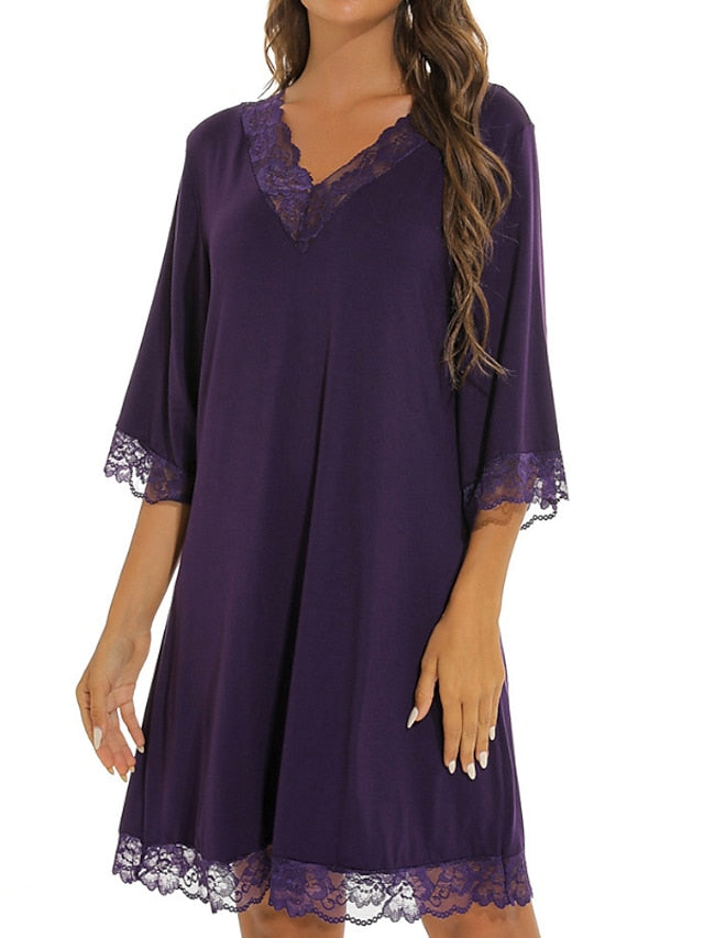 Women's Pajamas Robes Gown Nightgown Nighty Pure Color Simple Comfort Home Daily Bed Cotton Breathable Gift V Wire Long Sleeve Dress Fall Spring Purple Wine