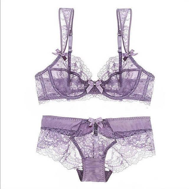 Women's Underwire Bras Padless 3,4 Cup Lace Pure Color Hook & Eye Polyester Sexy 1 set Black Purple , Plus Size , Bra & Panty Set , Plus Size