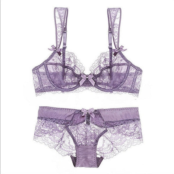 Women's Underwire Bras Padless 3,4 Cup Lace Pure Color Hook & Eye Polyester Sexy 1 set Black Purple , Plus Size , Bra & Panty Set , Plus Size