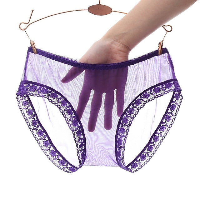 Women's Plus Size Cut Out Lace Lace Lingerie Solid Colored Shorties & Boyshorts Panties Boxers Underwear Stretchy Low Waist Super Sexy Purple M Main image