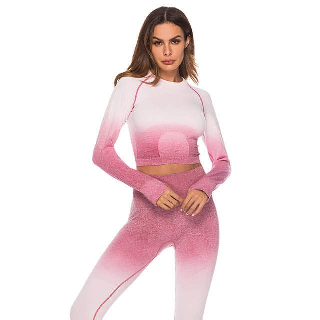 Fashion Fitness Leggings Ombre Seamless Crop Tops For Women Two Piece Set Sportswear Sweatshirt Tracksuit Women Sets - Sheseelady Main image