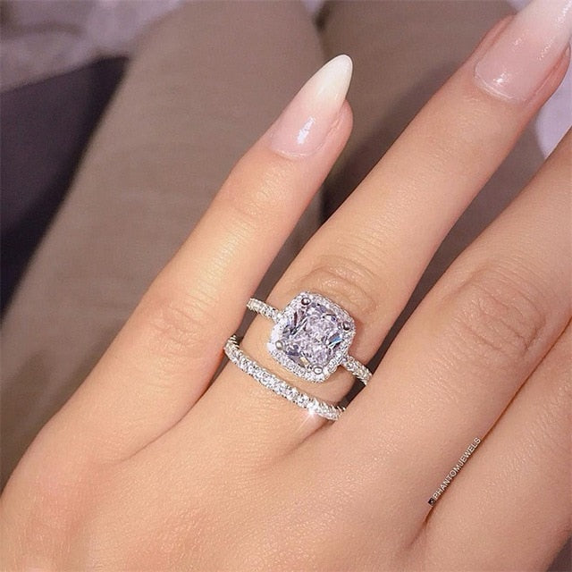 2Pcs/Lot Silver Double Rings Set Engagement Woman Cubic Zirconia Ring For Women Ladies Lover Party Wedding Jewelry - Sheseelady