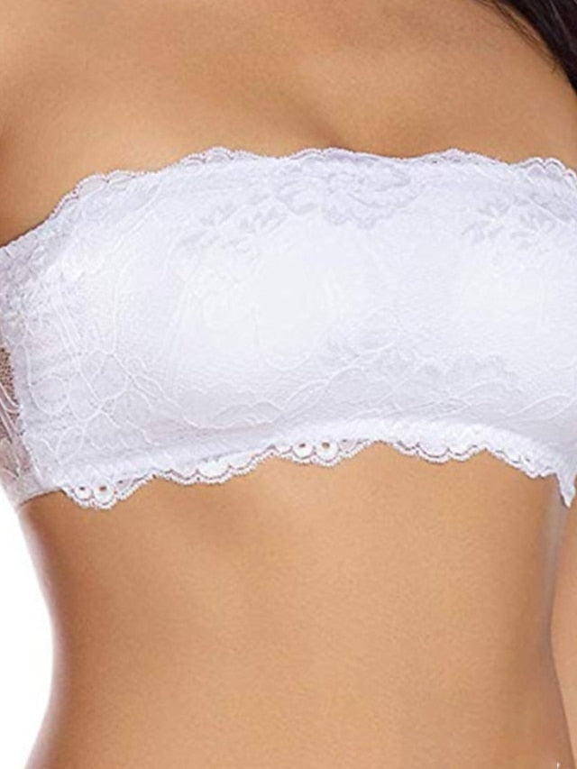 Women's Lace Bras Padded Bras Tube Bra Strapless Bras Full Coverage Scoop Neck Breathable Invisible Lace Pure Color Pull-On