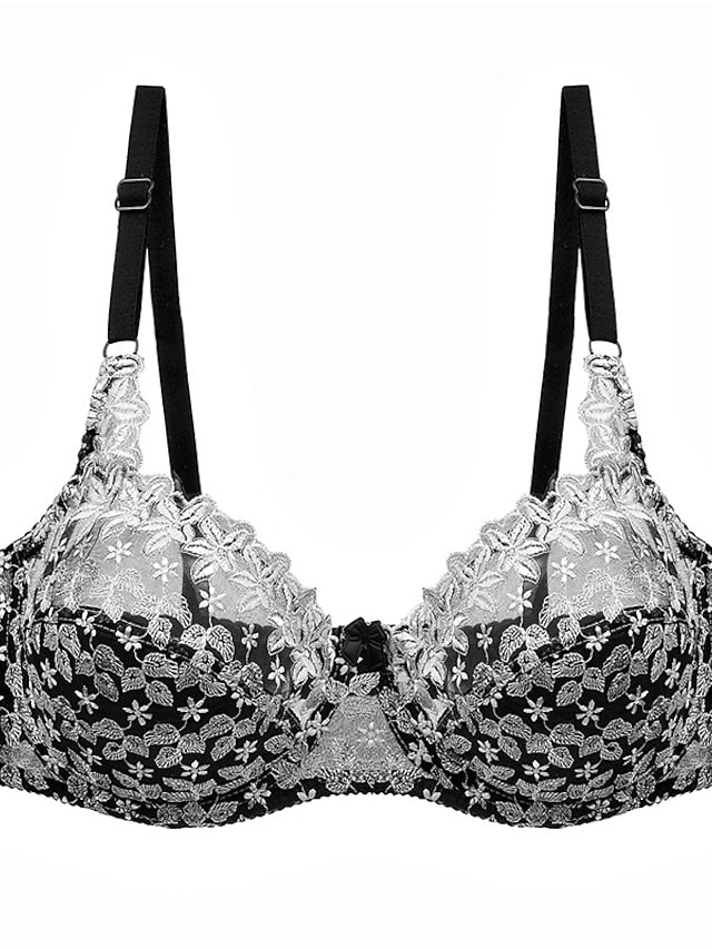 Women's Lace Bras Underwire Bras Fixed Straps Adjustable Full Coverage V Neck Breathable Push Up Pure Color Flower Floral