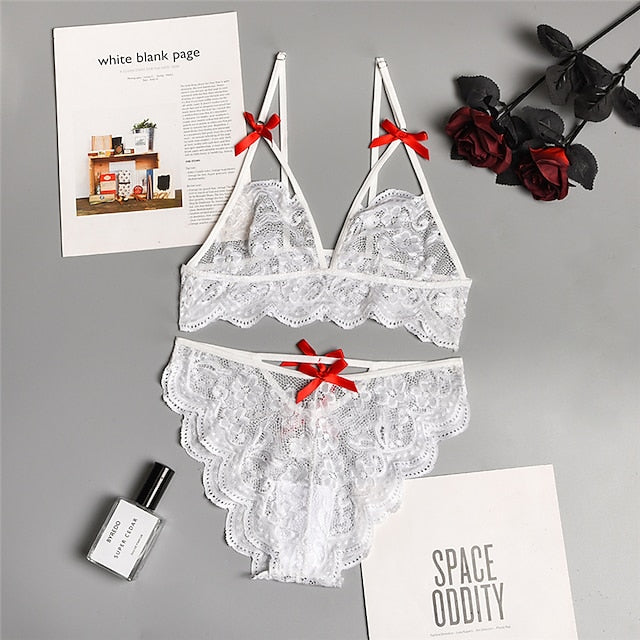 Women‘s Christmas Lingeries Gift Lace Bras Fixed Straps Sheer Bras Triangle Cup V Neck Breathable Lace Hook & Eye Date Casual Daily Sexy 1 set White Black , Bra & Panty Set