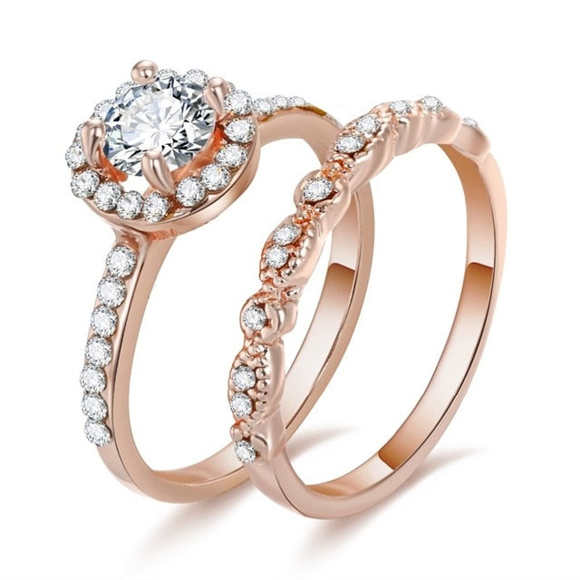 2Pcs/Lot Silver Double Rings Set Engagement Woman Cubic Zirconia Ring For Women Ladies Lover Party Wedding Jewelry - Sheseelady
