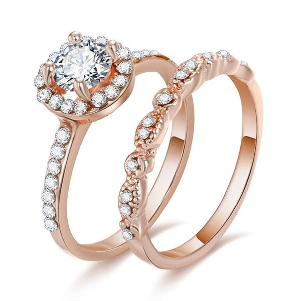 2Pcs/Lot Silver Double Rings Set Engagement Woman Cubic Zirconia Ring For Women Ladies Lover Party Wedding Jewelry - Sheseelady