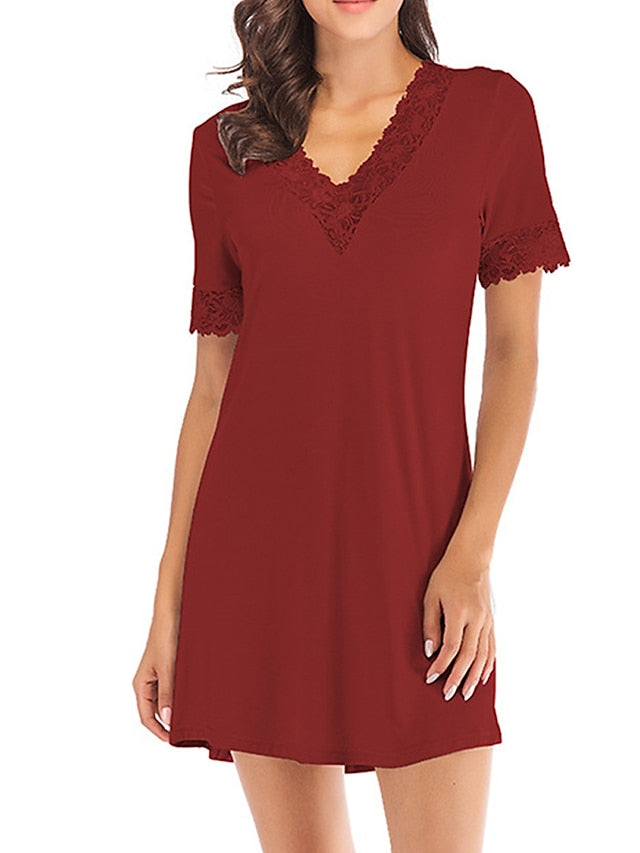 Women's Cozy Lace V-Neck Mini Dress - Casual Solid Color Lounge Wear