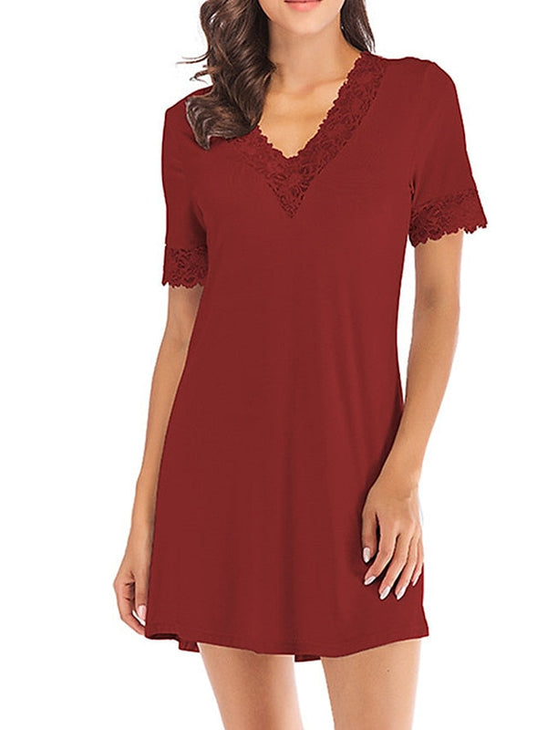 Women's Cozy Lace V-Neck Mini Dress - Casual Solid Color Lounge Wear