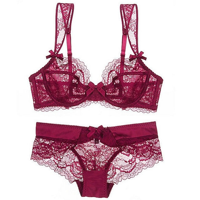 Women's Underwire Bras Padless 3,4 Cup Lace Pure Color Hook & Eye Polyester Sexy 1 set Black Purple , Plus Size , Bra & Panty Set , Plus Size