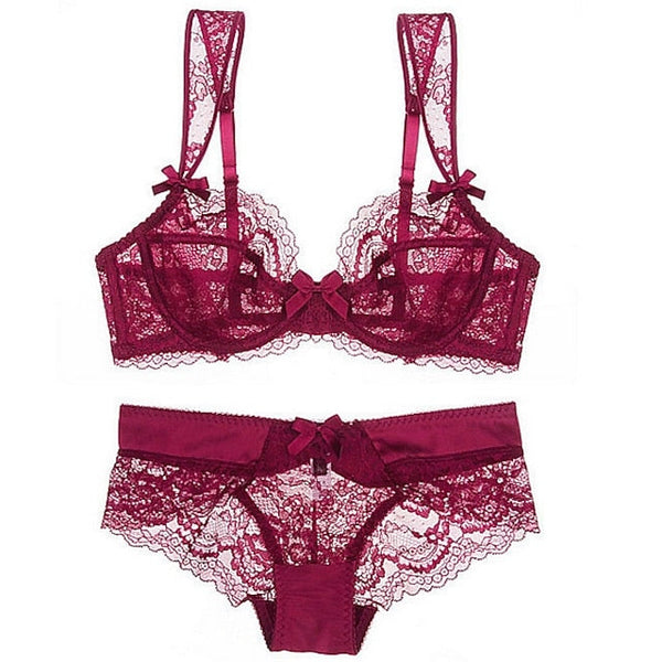 Women's Underwire Bras Padless 3,4 Cup Lace Pure Color Hook & Eye Polyester Sexy 1 set Black Purple , Plus Size , Bra & Panty Set , Plus Size