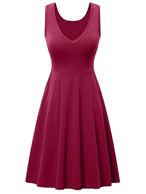Women's Ruched Pocket V Neck Daily Sleeveless Casual Fit Dress
