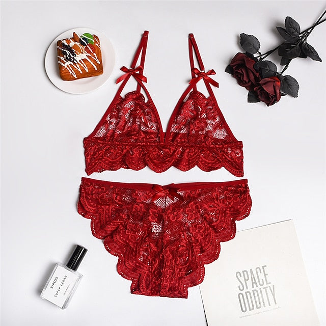 Women‘s Christmas Lingeries Gift Lace Bras Fixed Straps Sheer Bras Triangle Cup V Neck Breathable Lace Hook & Eye Date Casual Daily Sexy 1 set White Black , Bra & Panty Set