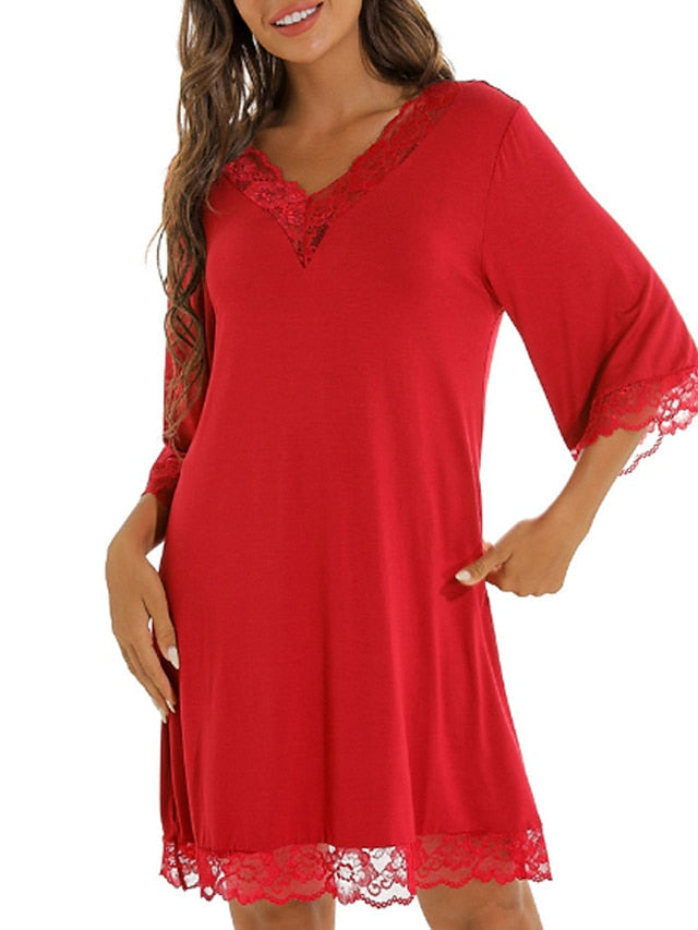 Women's Pajamas Robes Gown Nightgown Nighty Pure Color Simple Comfort Home Daily Bed Cotton Breathable Gift V Wire Long Sleeve Dress Fall Spring Purple Wine