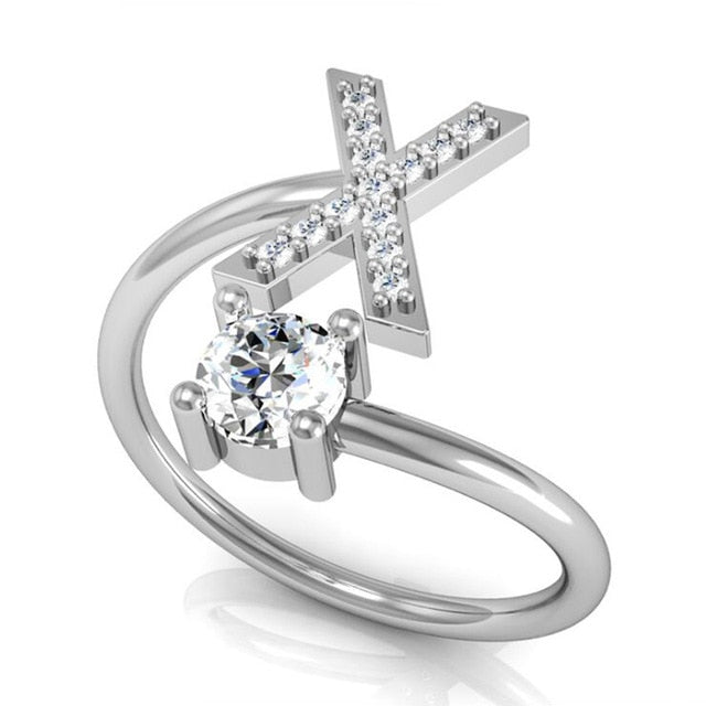 Fashion 26 Letters Silver Ring For Women Rhinestone Open Finger Rings Female Engagement Ring Jewelry Anel Party Gift - Sheseelady