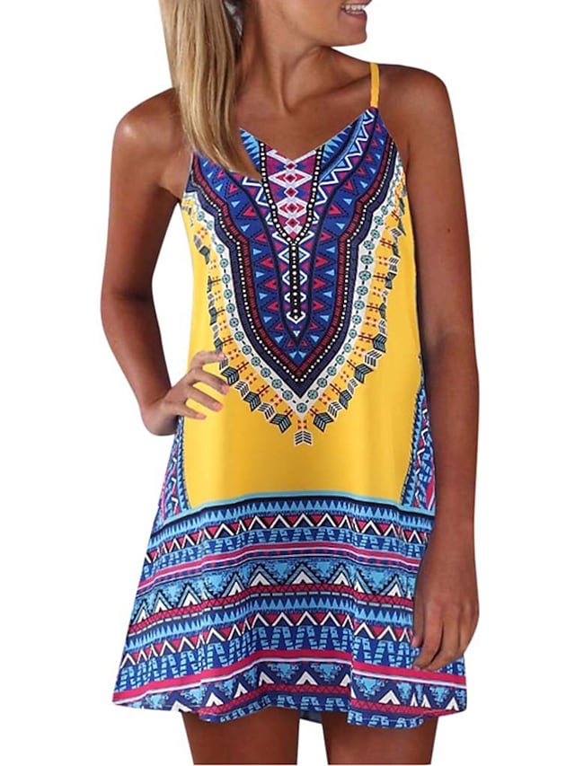 Women's Sleeveless Geometric Print Vacation Weekend Strap Dress