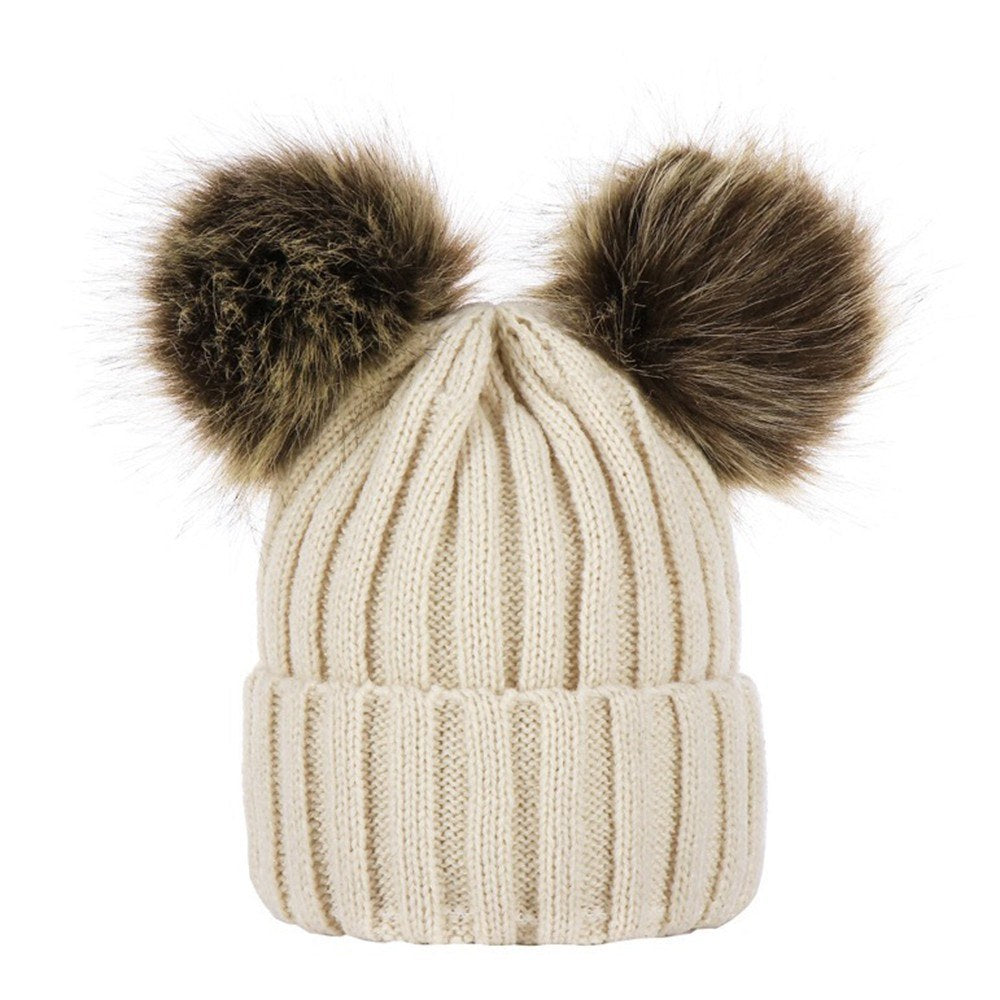 Winter Warm Knitted Wool Hat with Double Hairball Earmuffs for Women & Kids - Cute Beanie Cap