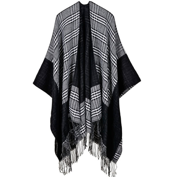 Vintage Women's Plaid Knitted Shawl Poncho - Faux Cashmere Tassel Cape for Winter