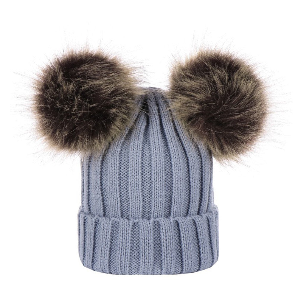 Winter Warm Knitted Wool Hat with Double Hairball Earmuffs for Women & Kids - Cute Beanie Cap