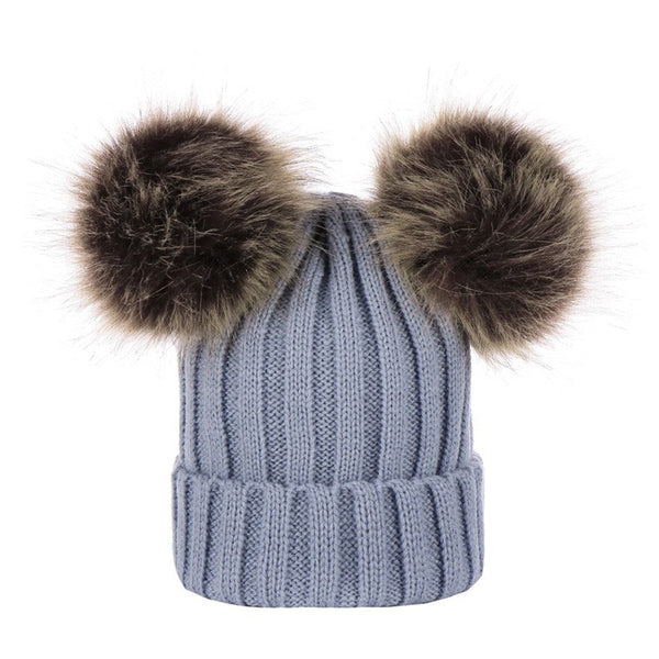 Winter Warm Knitted Wool Hat with Double Hairball Earmuffs for Women & Kids - Cute Beanie Cap