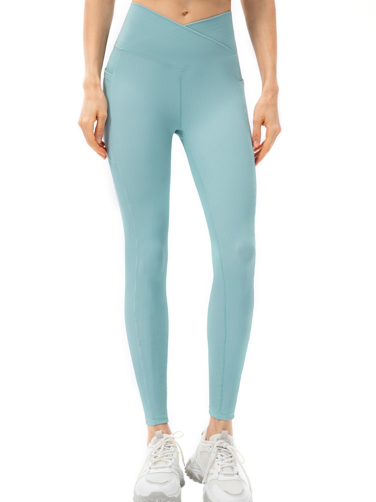 Women Sports Leggings Yoga Tights with Pockets Ribbed Pants