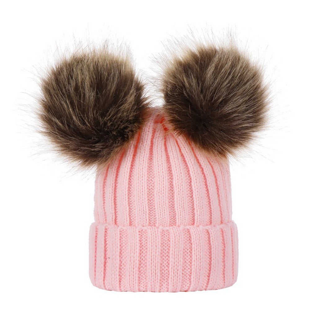 Winter Warm Knitted Wool Hat with Double Hairball Earmuffs for Women & Kids - Cute Beanie Cap