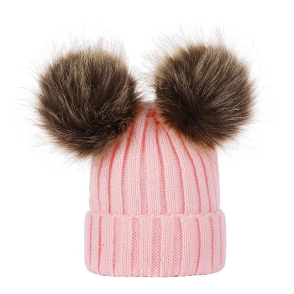 Winter Warm Knitted Wool Hat with Double Hairball Earmuffs for Women & Kids - Cute Beanie Cap