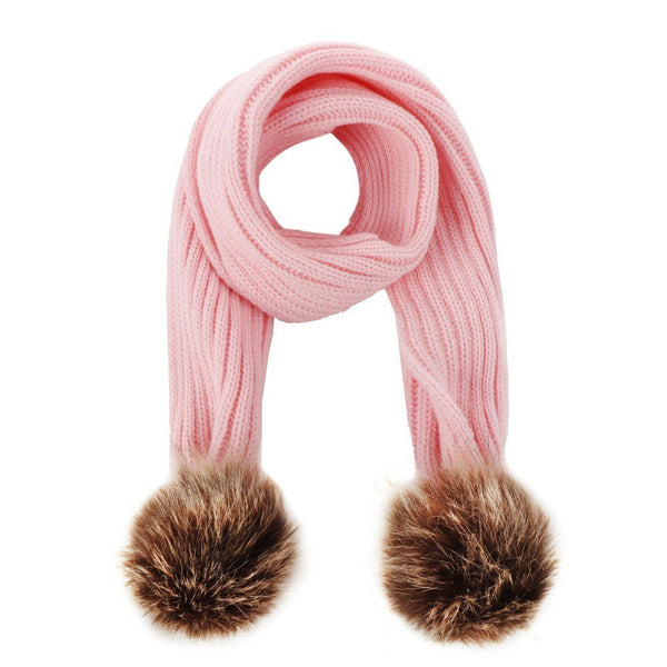 Infant Toddler Knitted Wool Scarf with Pom Poms - Winter Warm Ribbed Design