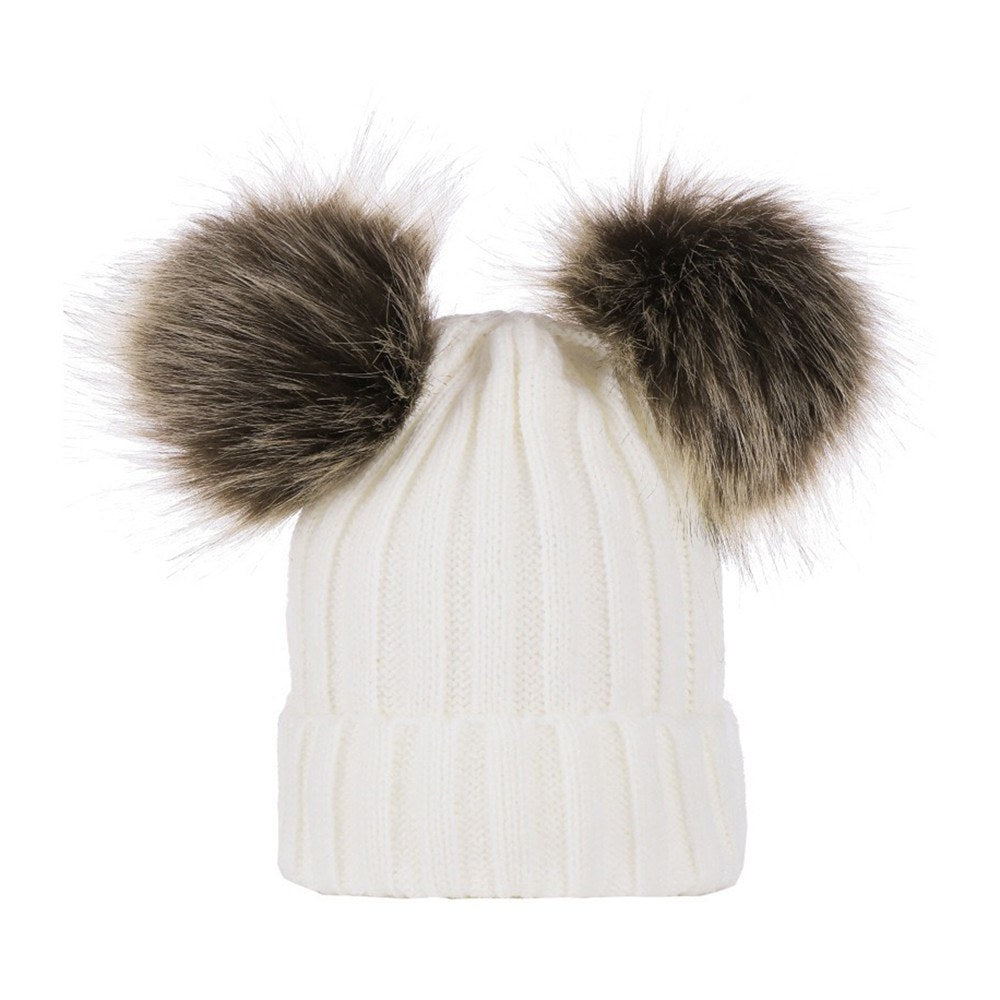 Winter Warm Knitted Wool Hat with Double Hairball Earmuffs for Women & Kids - Cute Beanie Cap