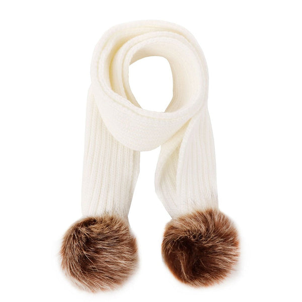 Infant Toddler Knitted Wool Scarf with Pom Poms - Winter Warm Ribbed Design