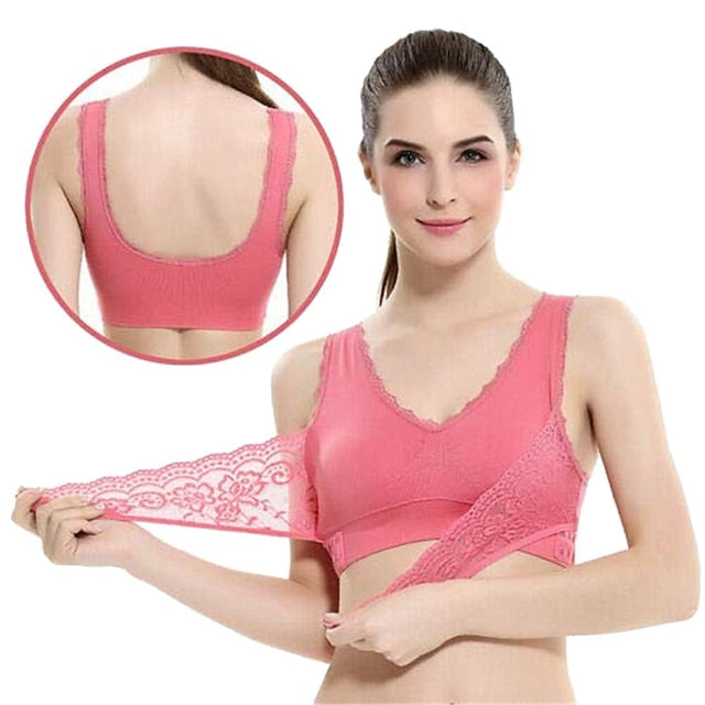 Women's Oversized Lace Sports Bras Cross Front Side Buckle Wire Free Bra Yoga Workout Activewear
