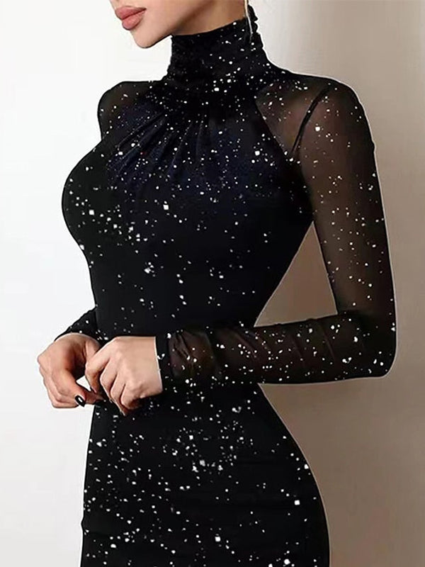 Women‘s Party Dress Wedding Guest Dress Sequin Dress Holiday Dress Mini Dress Black Long Sleeve Pure Color Sequins