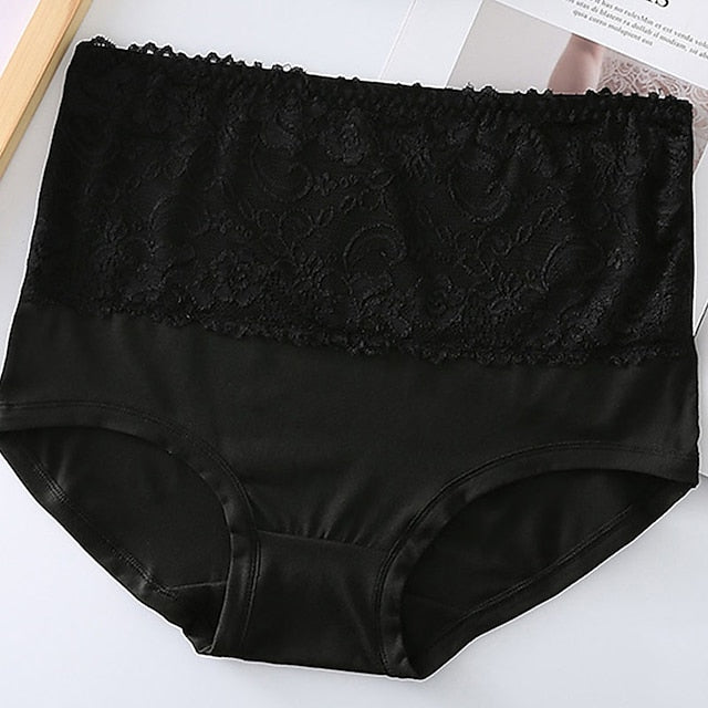 Women's Brief Underwear 3Pcs Underwear Fashion Simple Sexy Lace Hole Flower Polyester High Waist Sexy Black Purple Pink