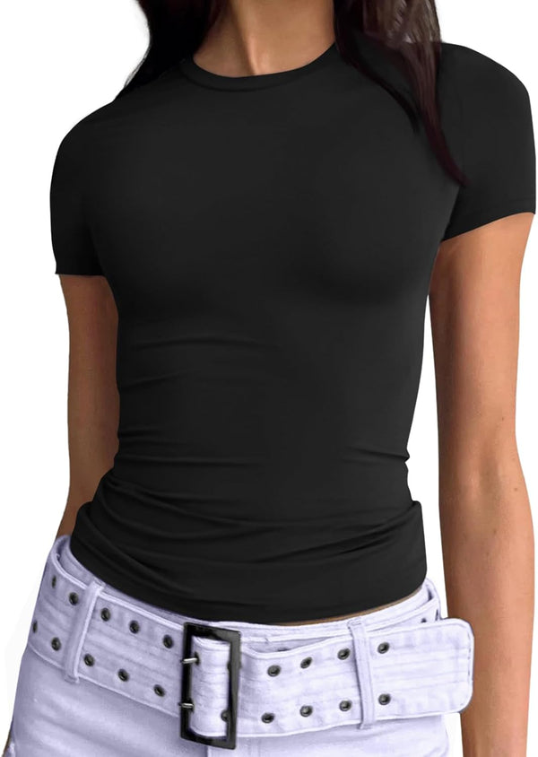Womens Basic T-Shirts Scoop Neck Short Sleeve Crop Tops Cute Summer Tops Slim Fit Tees