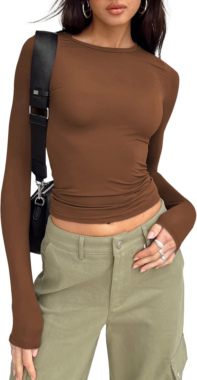 Womens Long Sleeve Shirts Basic Crop Tops Tight Slim Fit Cute Teen Girls Fall Winter Clothes