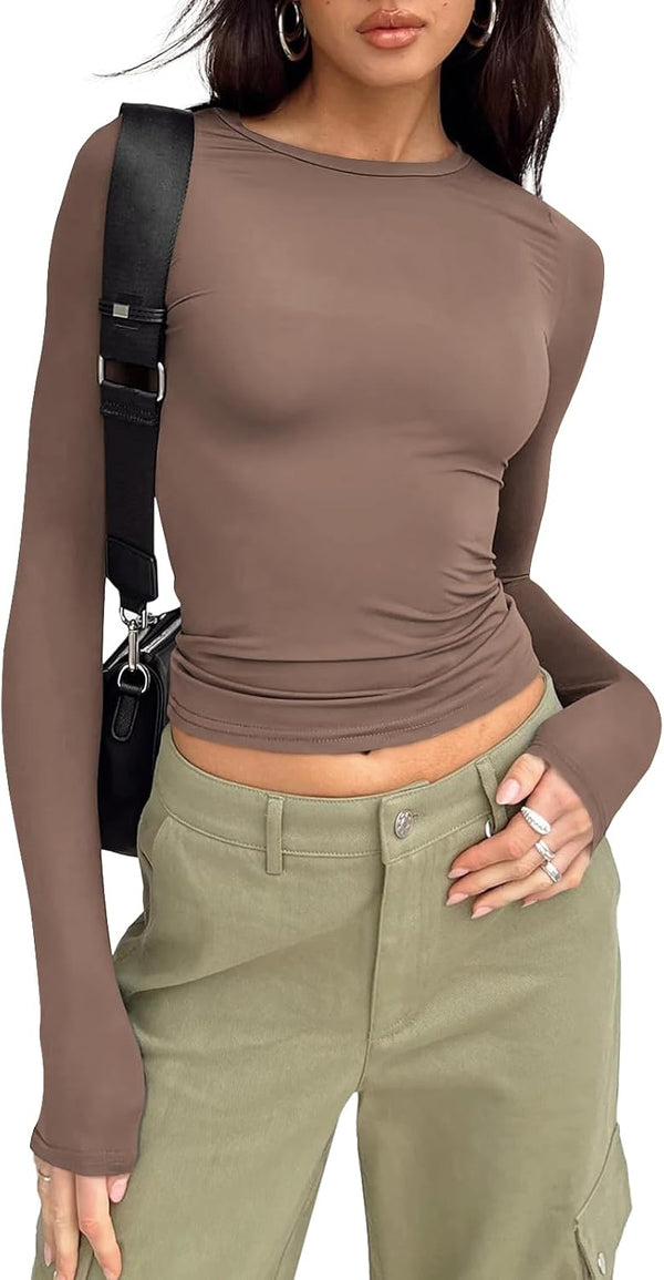 Womens Long Sleeve Shirts Basic Crop Tops Tight Slim Fit Cute Teen Girls Fall Winter Clothes