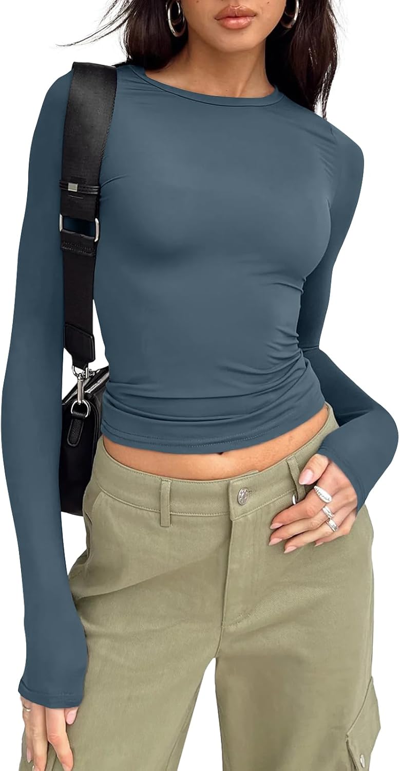 Womens Long Sleeve Shirts Basic Crop Tops Tight Slim Fit Cute Teen Girls Fall Winter Clothes