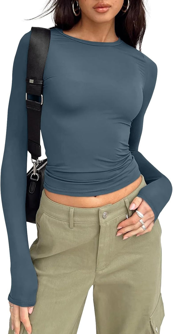 Womens Long Sleeve Shirts Basic Crop Tops Tight Slim Fit Cute Teen Girls Fall Winter Clothes