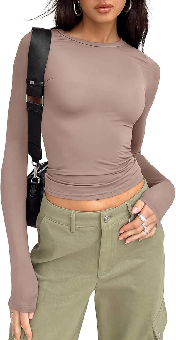 Womens Long Sleeve Shirts Basic Crop Tops Tight Slim Fit Cute Teen Girls Fall Winter Clothes