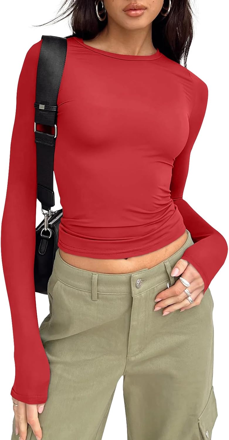 Womens Long Sleeve Shirts Basic Crop Tops Tight Slim Fit Cute Teen Girls Fall Winter Clothes
