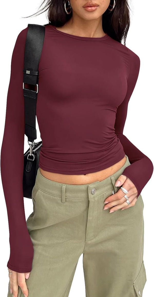 Womens Long Sleeve Shirts Basic Crop Tops Tight Slim Fit Cute Teen Girls Fall Winter Clothes