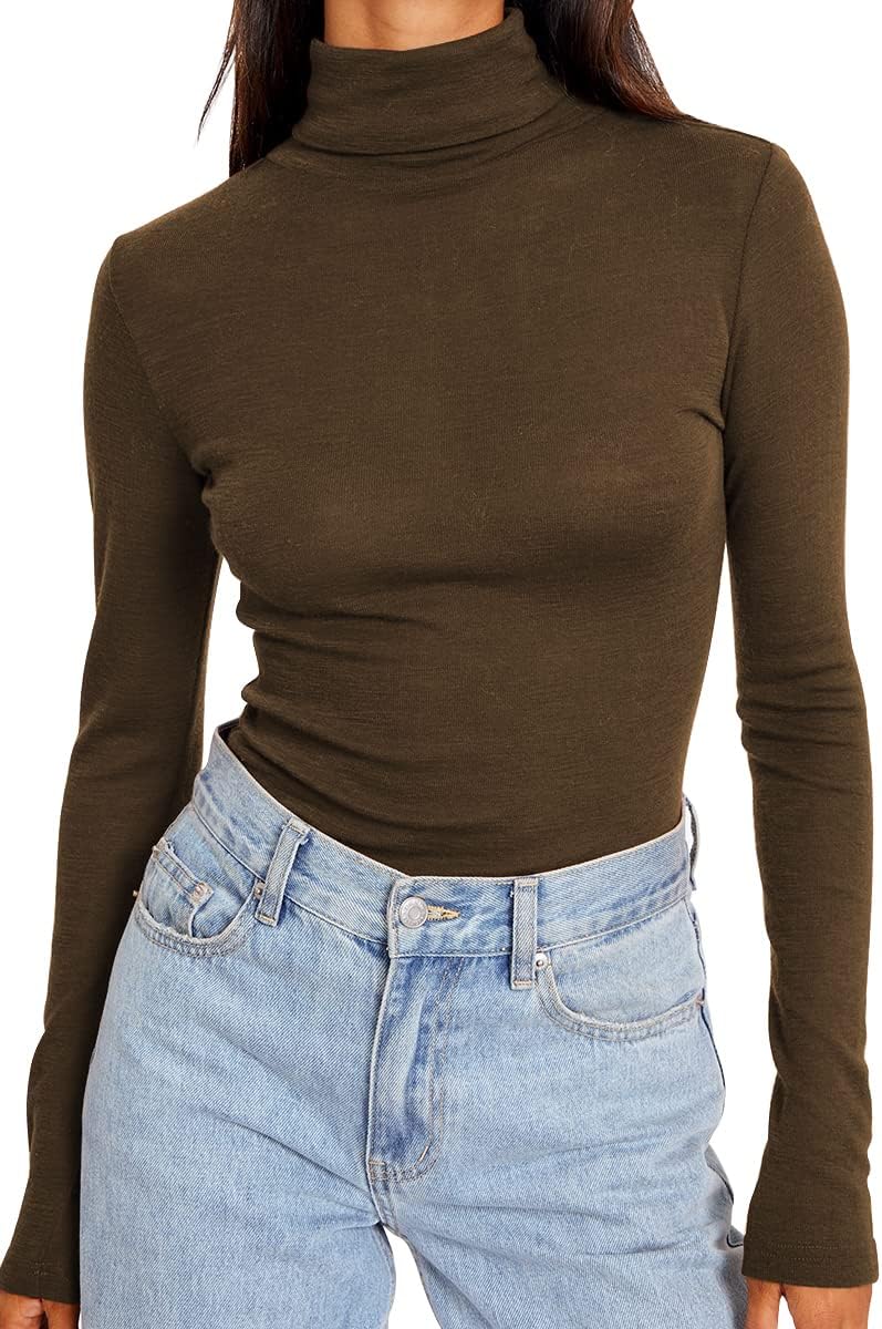 Women's Turtleneck Long Sleeve Shirts Fall Fashion Basic Layering Slim Fit Soft Thermal Underwear Tops