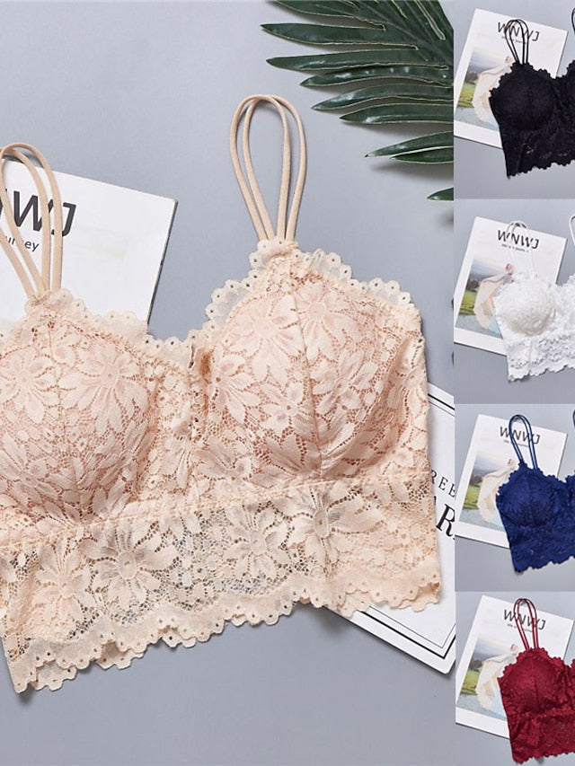 Women's Wireless Bras Fixed Straps Full Coverage Scoop Neck Breathable Lace Pure Color Pull-On Closure Date Casual Daily Nylon Sexy 1PC White Black , Bras & Bralettes , 1 PC