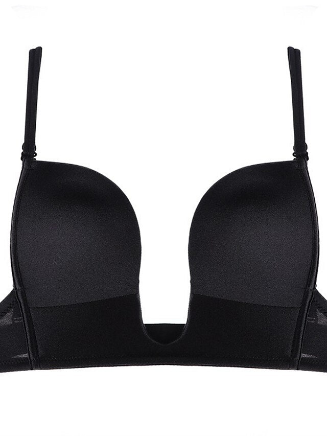Women's Padded Bras Detachable Straps Demi Cup Shelf Bra Deep U Breathable Pure Color Hook & Eye