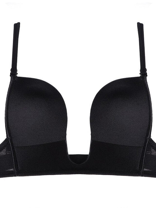 Women's Padded Bras Detachable Straps Demi Cup Shelf Bra Deep U Breathable Pure Color Hook & Eye