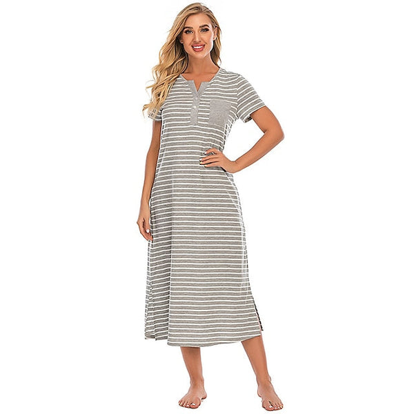 Women's Pajamas Nightgown Nighty Pjs Stripe Comfort Party Home Daily Cotton Gift Short Sleeve Spring Summer Royal Blue Grey
